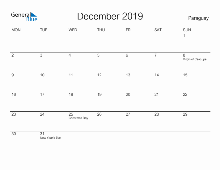 Printable December 2019 Calendar for Paraguay