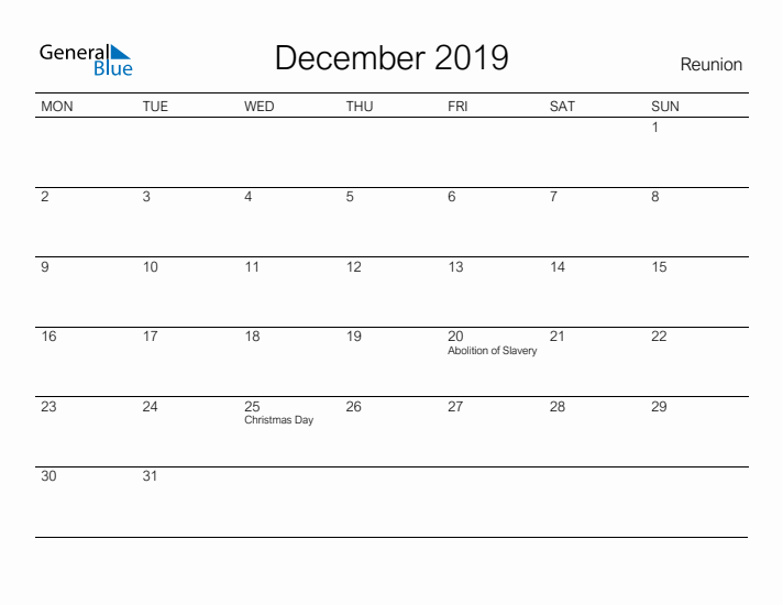 Printable December 2019 Calendar for Reunion