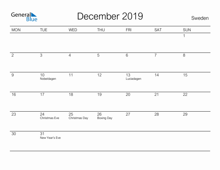 Printable December 2019 Calendar for Sweden