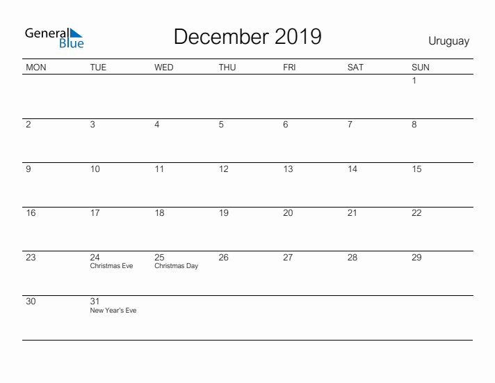 Printable December 2019 Calendar for Uruguay