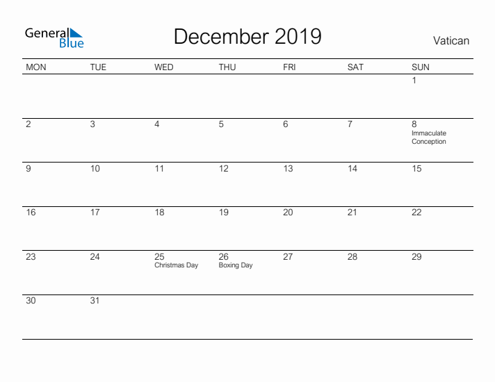 Printable December 2019 Calendar for Vatican