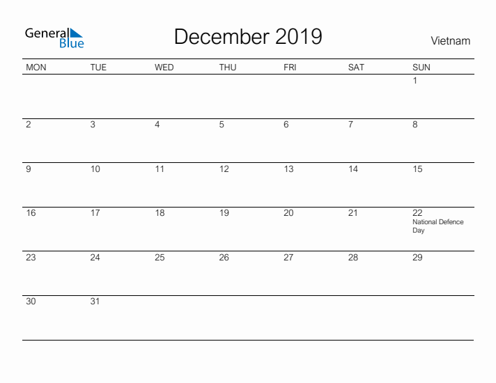 Printable December 2019 Calendar for Vietnam