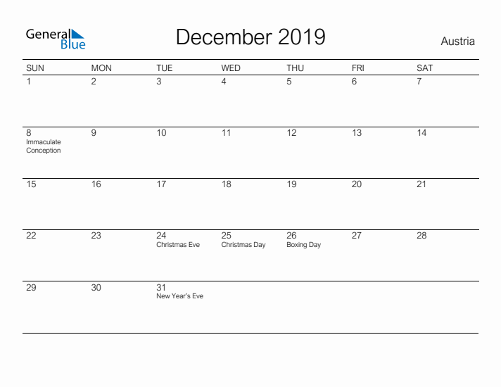 Printable December 2019 Calendar for Austria