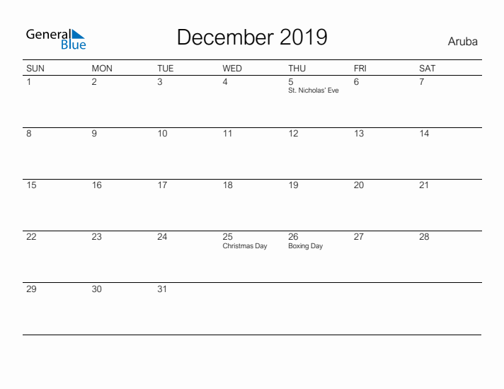 Printable December 2019 Calendar for Aruba