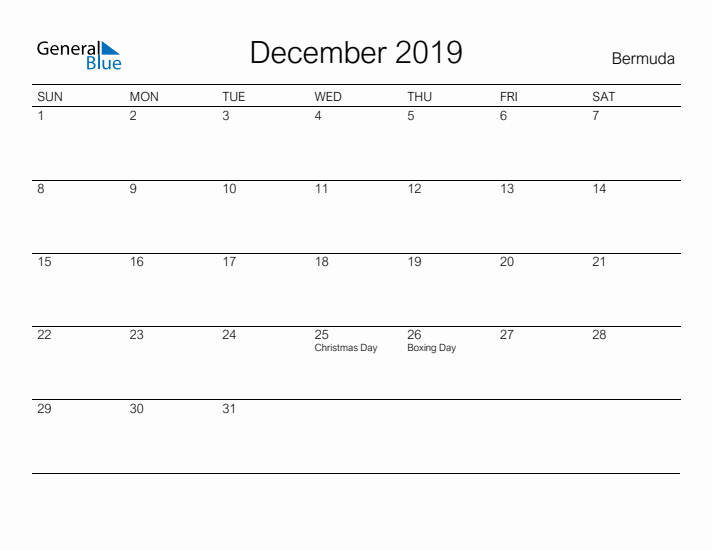 Printable December 2019 Calendar for Bermuda