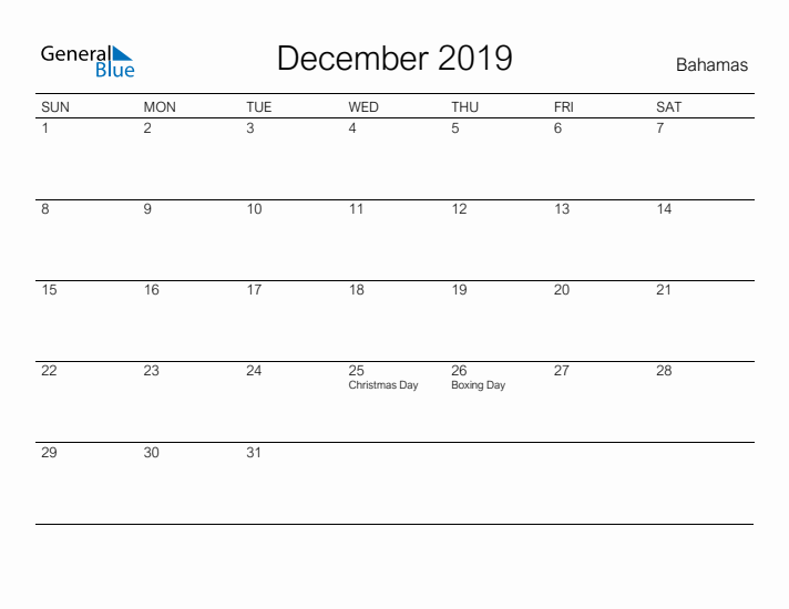 Printable December 2019 Calendar for Bahamas