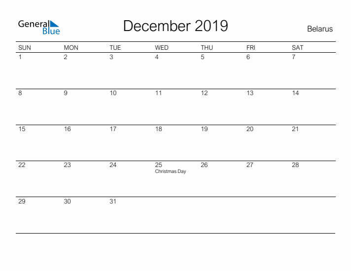 Printable December 2019 Calendar for Belarus