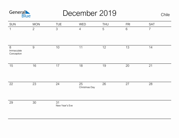 Printable December 2019 Calendar for Chile