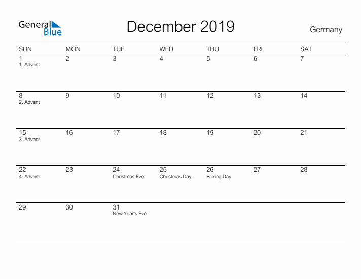 Printable December 2019 Calendar for Germany