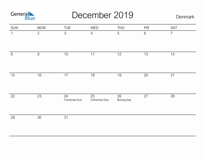 Printable December 2019 Calendar for Denmark