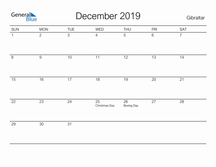 Printable December 2019 Calendar for Gibraltar