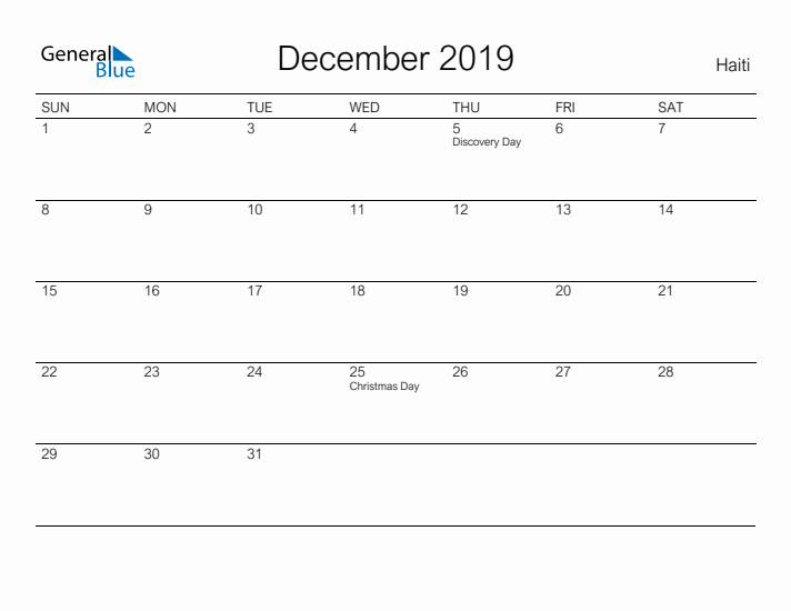 Printable December 2019 Calendar for Haiti