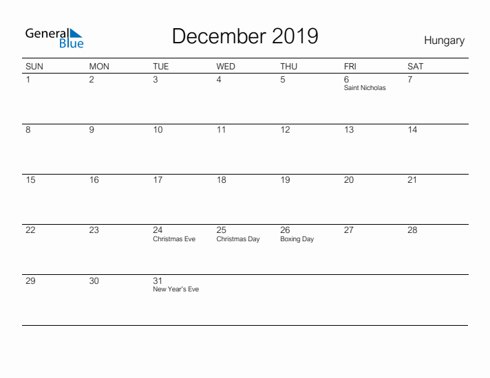 Printable December 2019 Calendar for Hungary