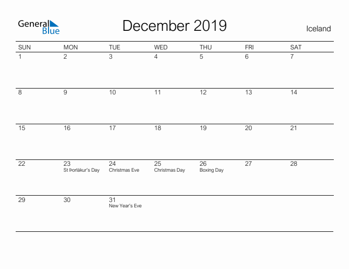 Printable December 2019 Calendar for Iceland