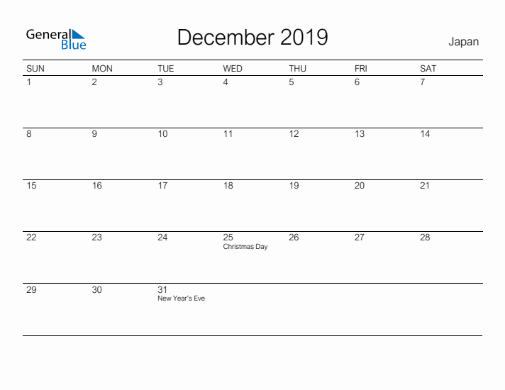 Printable December 2019 Calendar for Japan