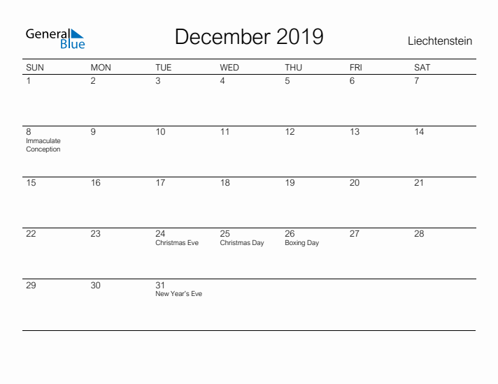 Printable December 2019 Calendar for Liechtenstein