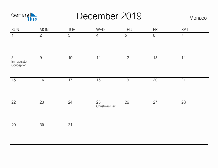 Printable December 2019 Calendar for Monaco