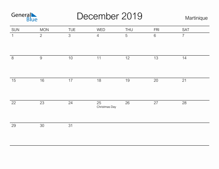 Printable December 2019 Calendar for Martinique