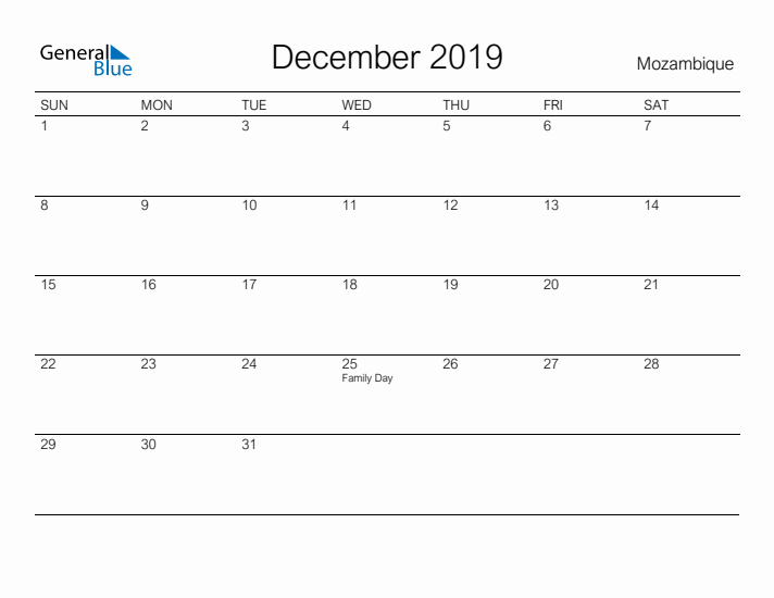 Printable December 2019 Calendar for Mozambique