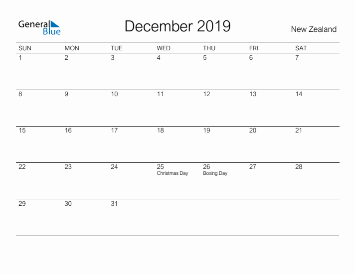 Printable December 2019 Calendar for New Zealand