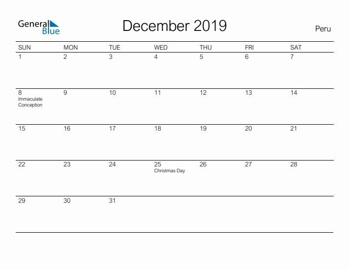 Printable December 2019 Calendar for Peru