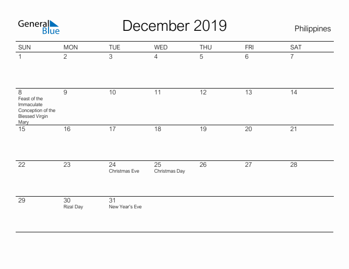 Printable December 2019 Calendar for Philippines