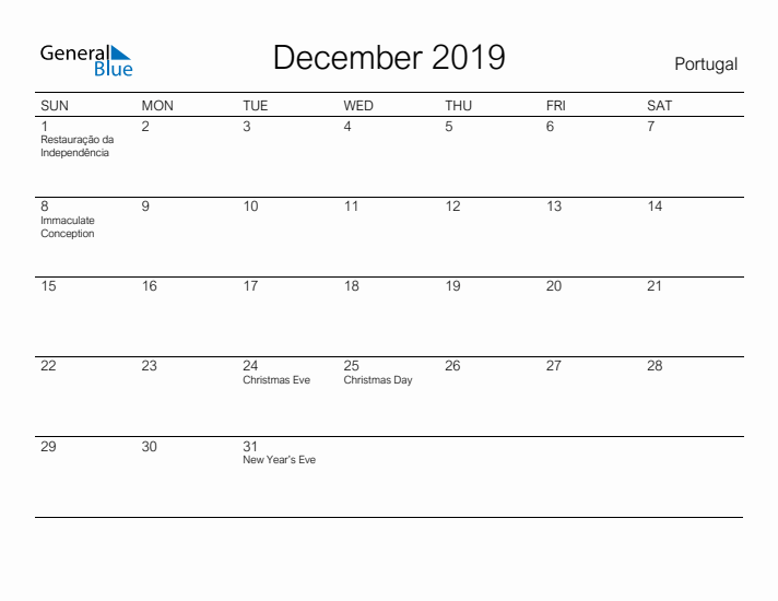 Printable December 2019 Calendar for Portugal