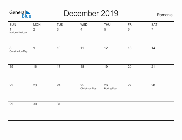 Printable December 2019 Calendar for Romania