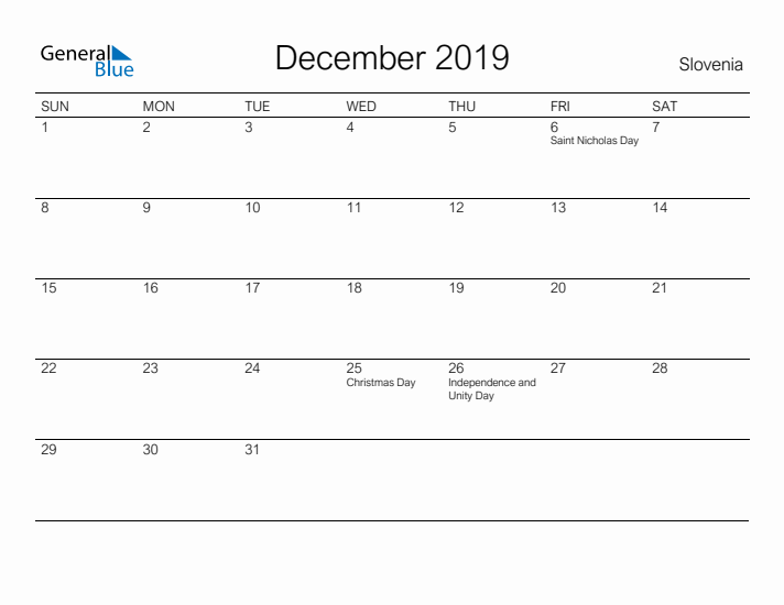 Printable December 2019 Calendar for Slovenia