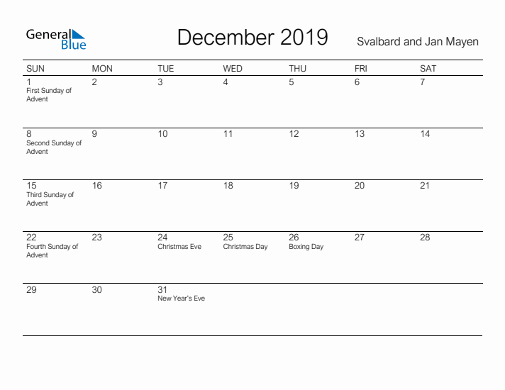 Printable December 2019 Calendar for Svalbard and Jan Mayen