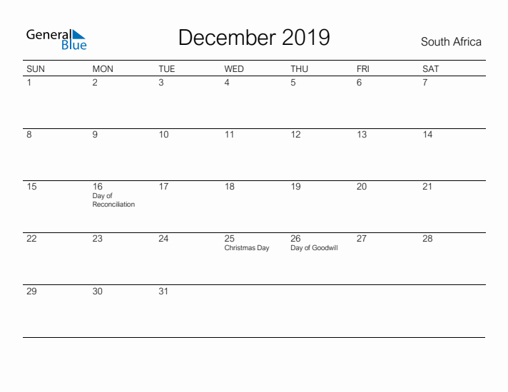 Printable December 2019 Calendar for South Africa