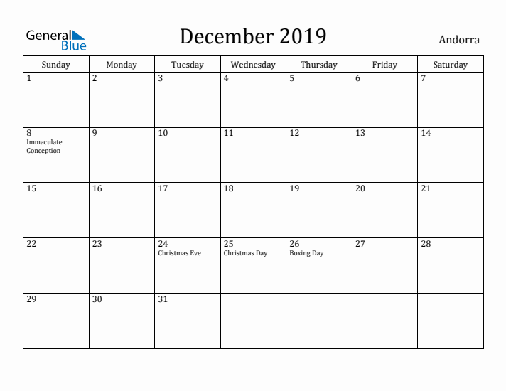 December 2019 Calendar Andorra