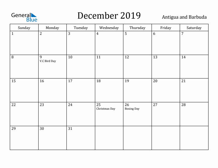 December 2019 Calendar Antigua and Barbuda