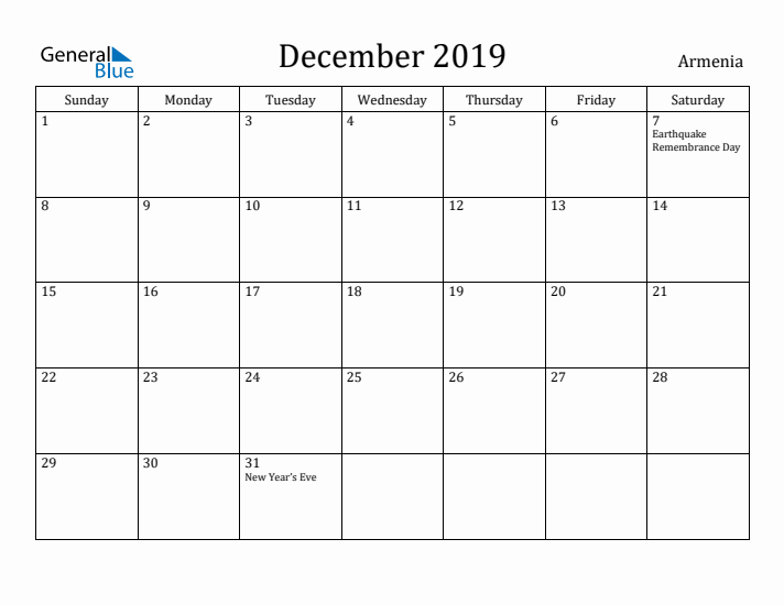 December 2019 Calendar Armenia