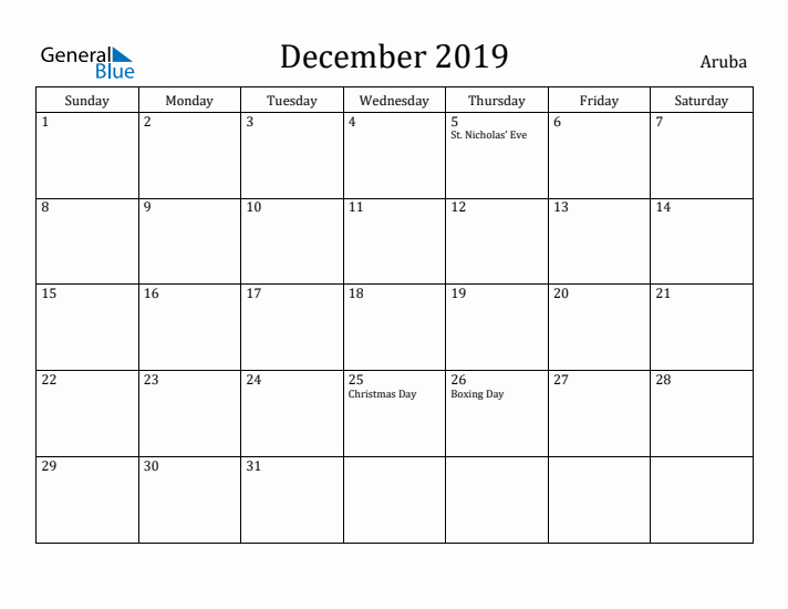 December 2019 Calendar Aruba