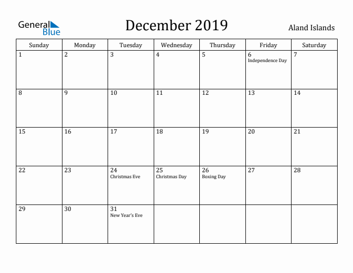 December 2019 Calendar Aland Islands