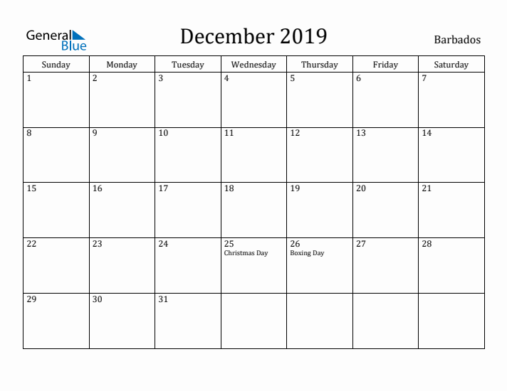 December 2019 Calendar Barbados