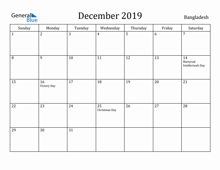 December 2019 Calendar Bangladesh