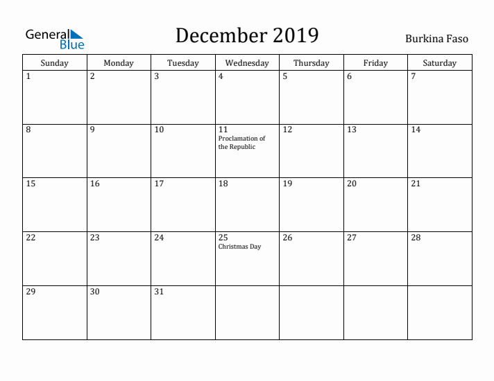 December 2019 Calendar Burkina Faso