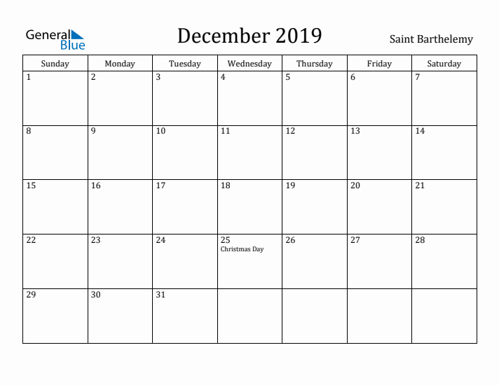 December 2019 Calendar Saint Barthelemy