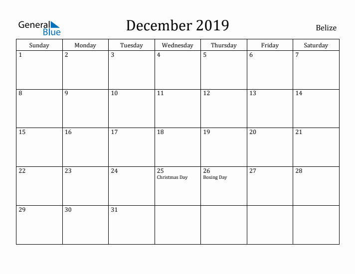 December 2019 Calendar Belize