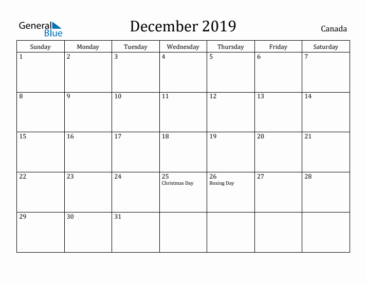 December 2019 Calendar Canada