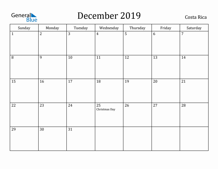 December 2019 Calendar Costa Rica