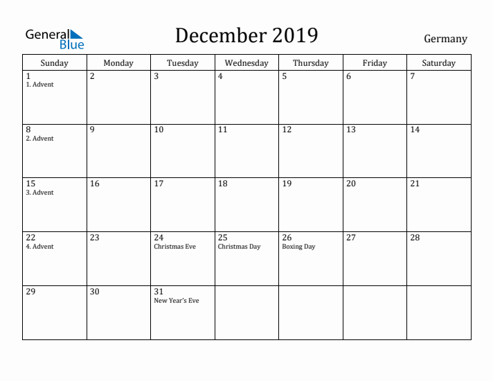 December 2019 Calendar Germany