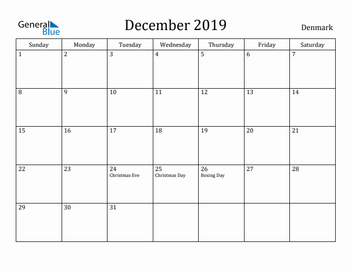 December 2019 Calendar Denmark