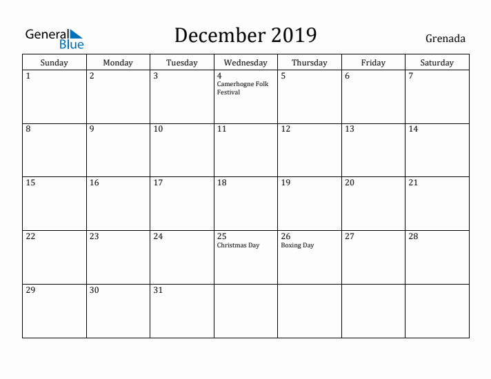 December 2019 Calendar Grenada