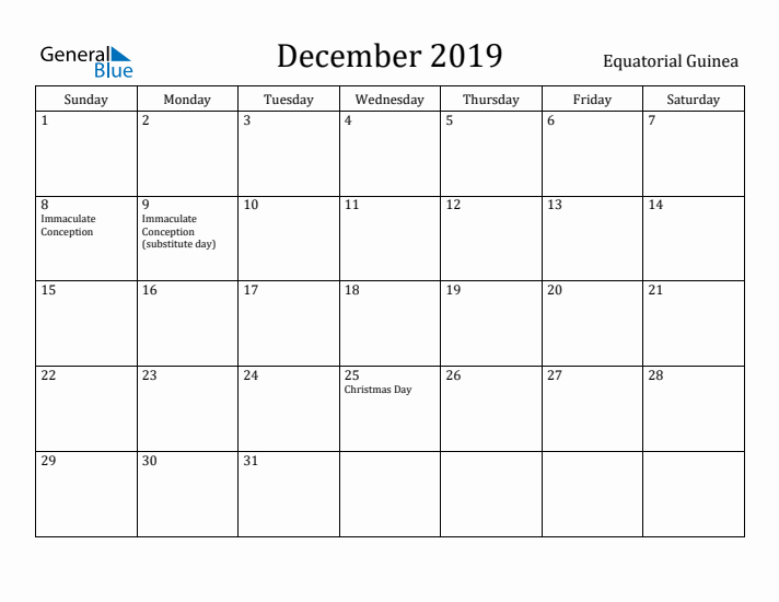 December 2019 Calendar Equatorial Guinea