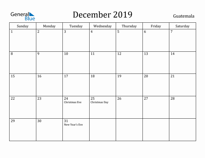 December 2019 Calendar Guatemala