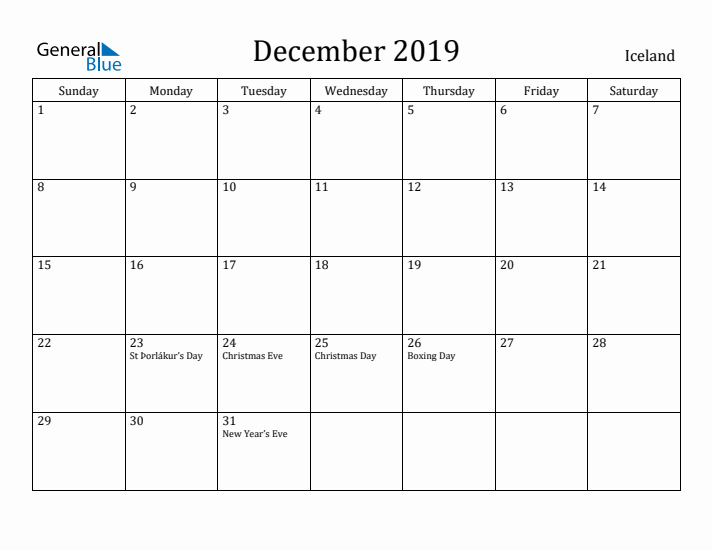 December 2019 Calendar Iceland