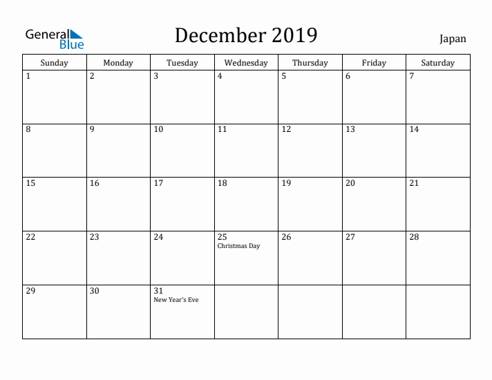 December 2019 Calendar Japan